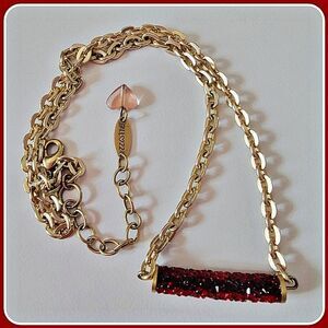 #Sabika Fall 22 Siam Red Crushed Crystal Barrel Necklace Gold Tone Chain #NWOT